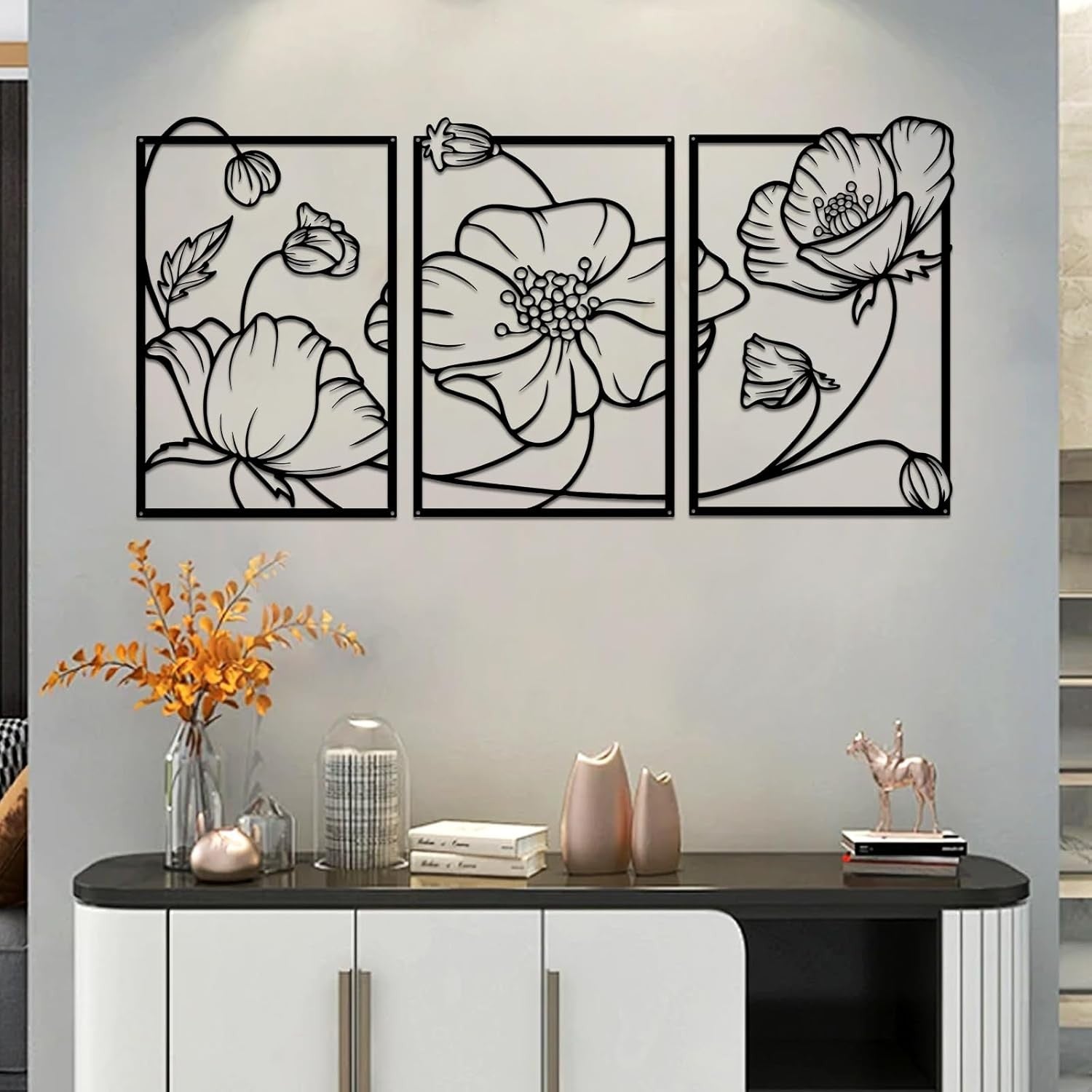 3Pcs Black Metal Flower Wall Art Minimalist Floral Decor