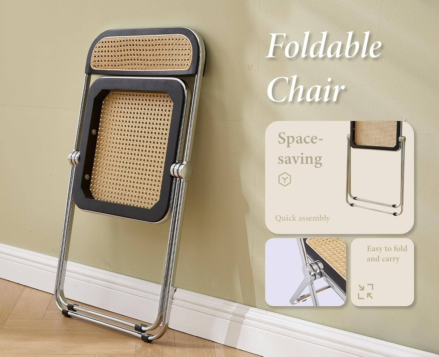 Foldable Rattan Dining Chair Space Saving Armless Side Chair for Kitchen