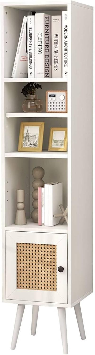 Slim Tall White Bookcase with Cabinet 6-Tier Adjustable Shelves Modern Storage