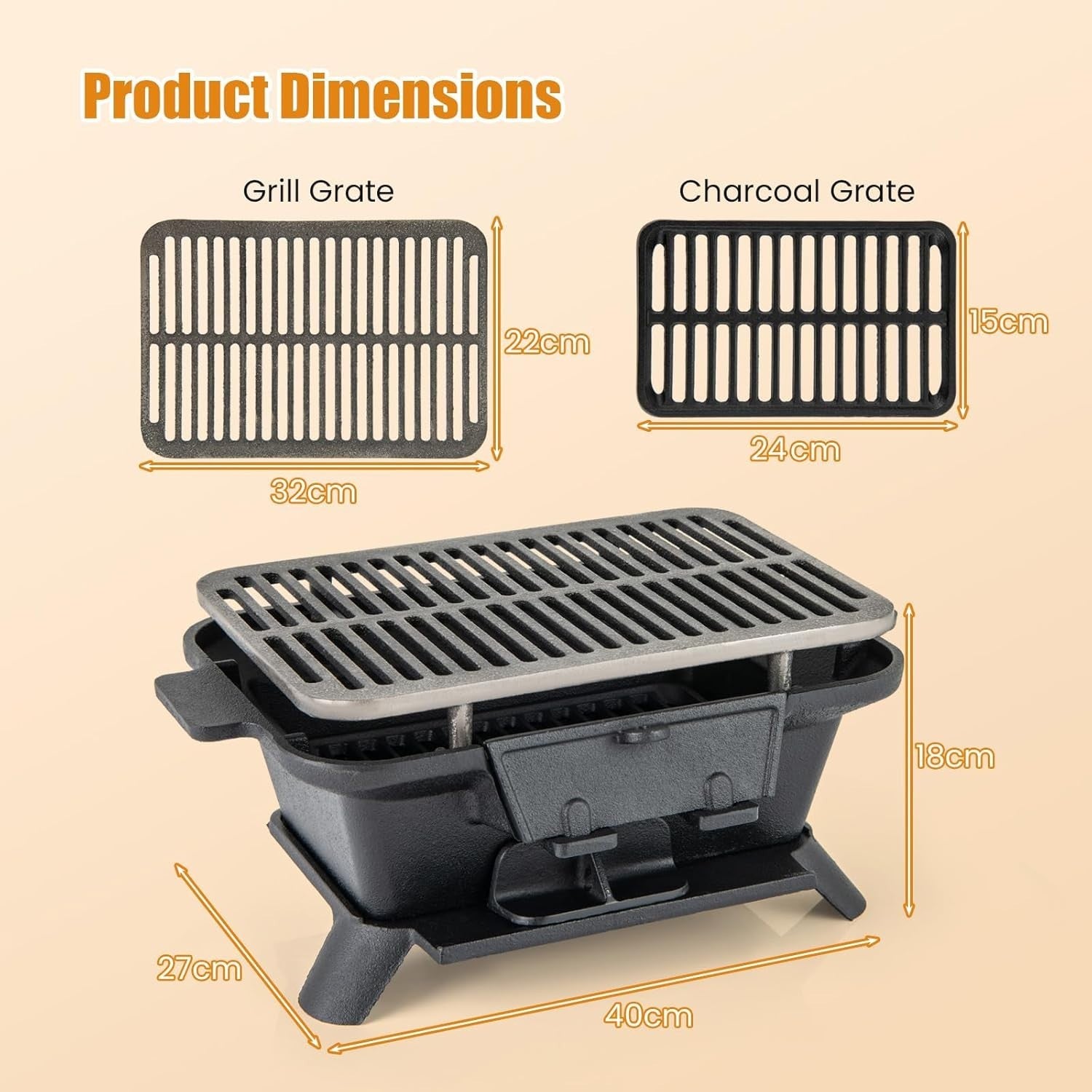 Portable Cast Iron Hibachi BBQ Grill Charcoal Stove Double Sided Grate Outdoor