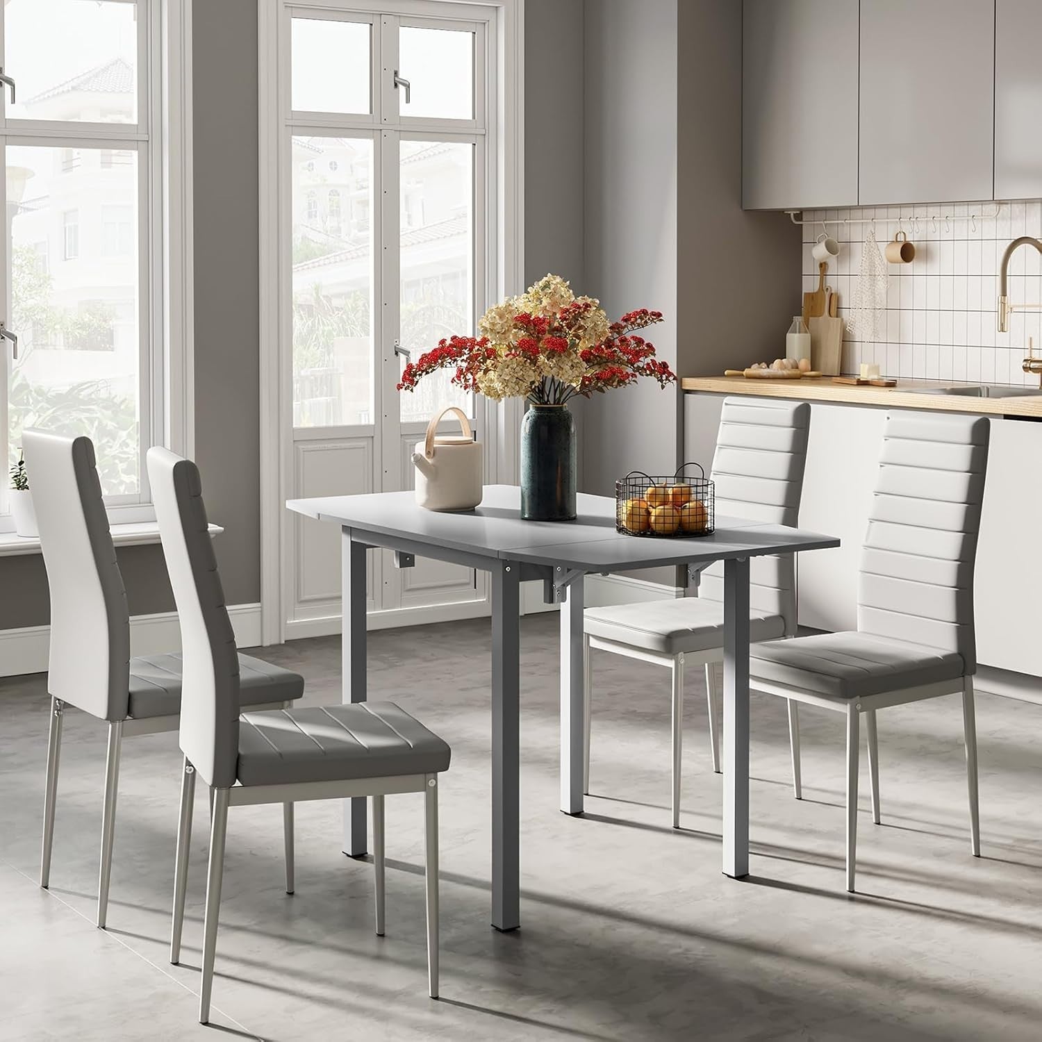 Space-Saving Drop Leaf Dining Table & 4 Grey PU Leather Chairs for Small Rooms