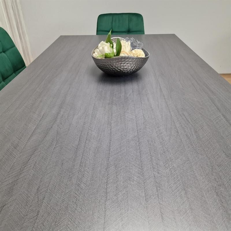 Dark Grey Dining Table Set with 4 Green Chairs & Bench, 6 Seater Kitchen