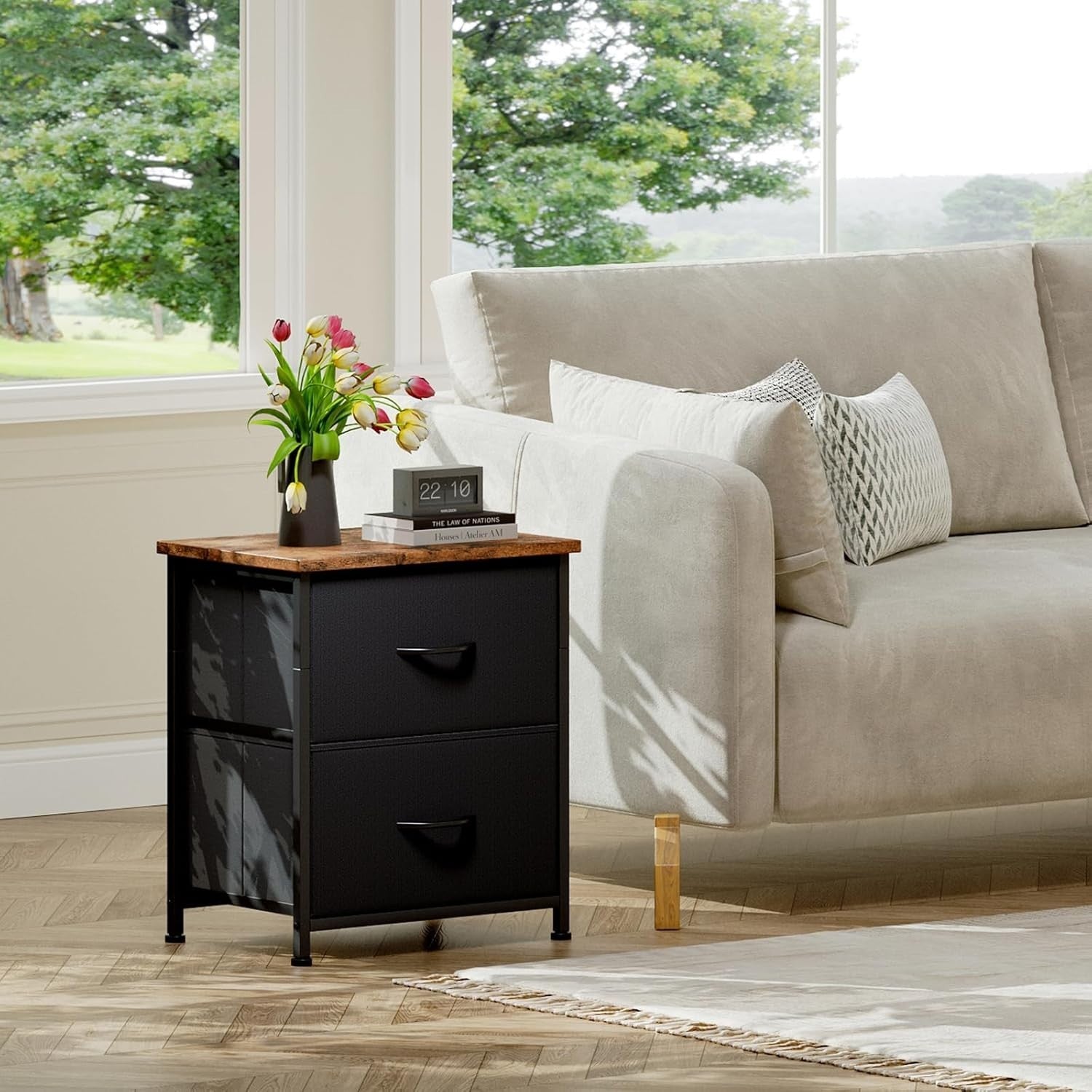 Black Bedside Tables Set of 2 with Fabric Drawers, Rustic Wood Top Nightstands