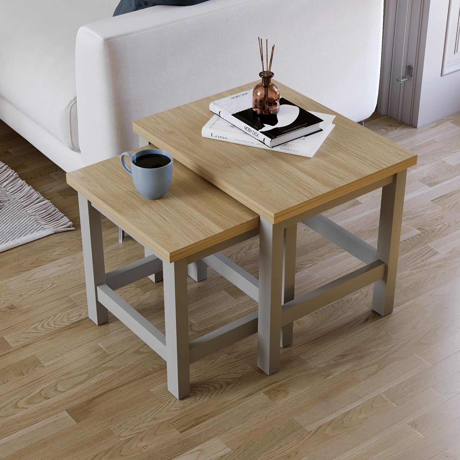 Space Saving Nest of Tables Grey Oak Modern Living Room Coffee End Side Set