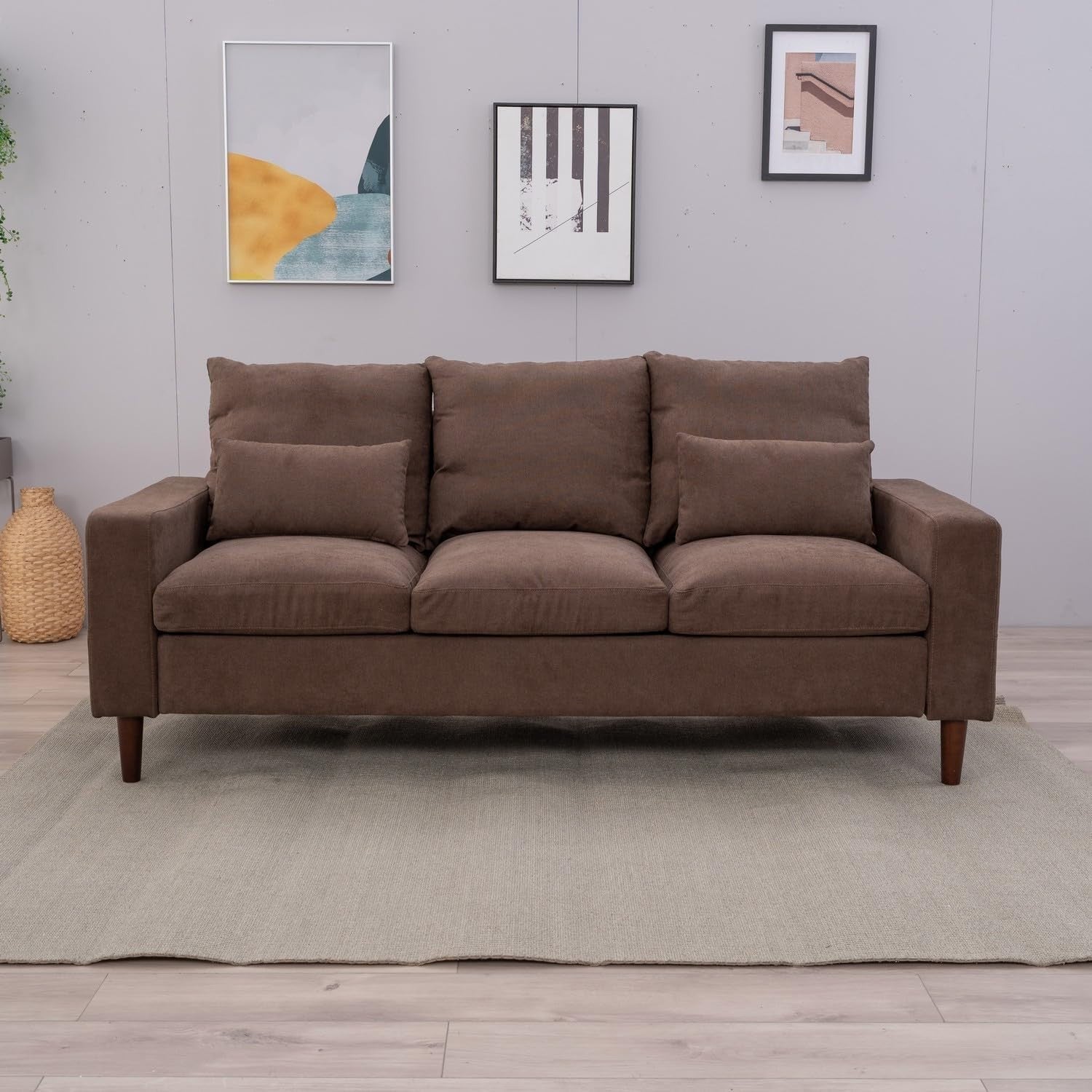 3 Seater Sofa Brown Linen Upholstered Couch Modern Compact Soft Seat with Cushio