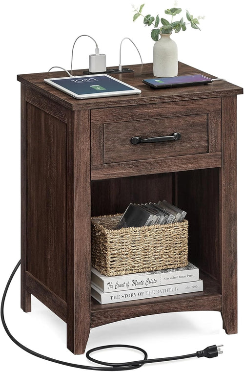 Farmhouse Bedside Table with Charging Station, Drawer & Open Shelf – Maroon Brow