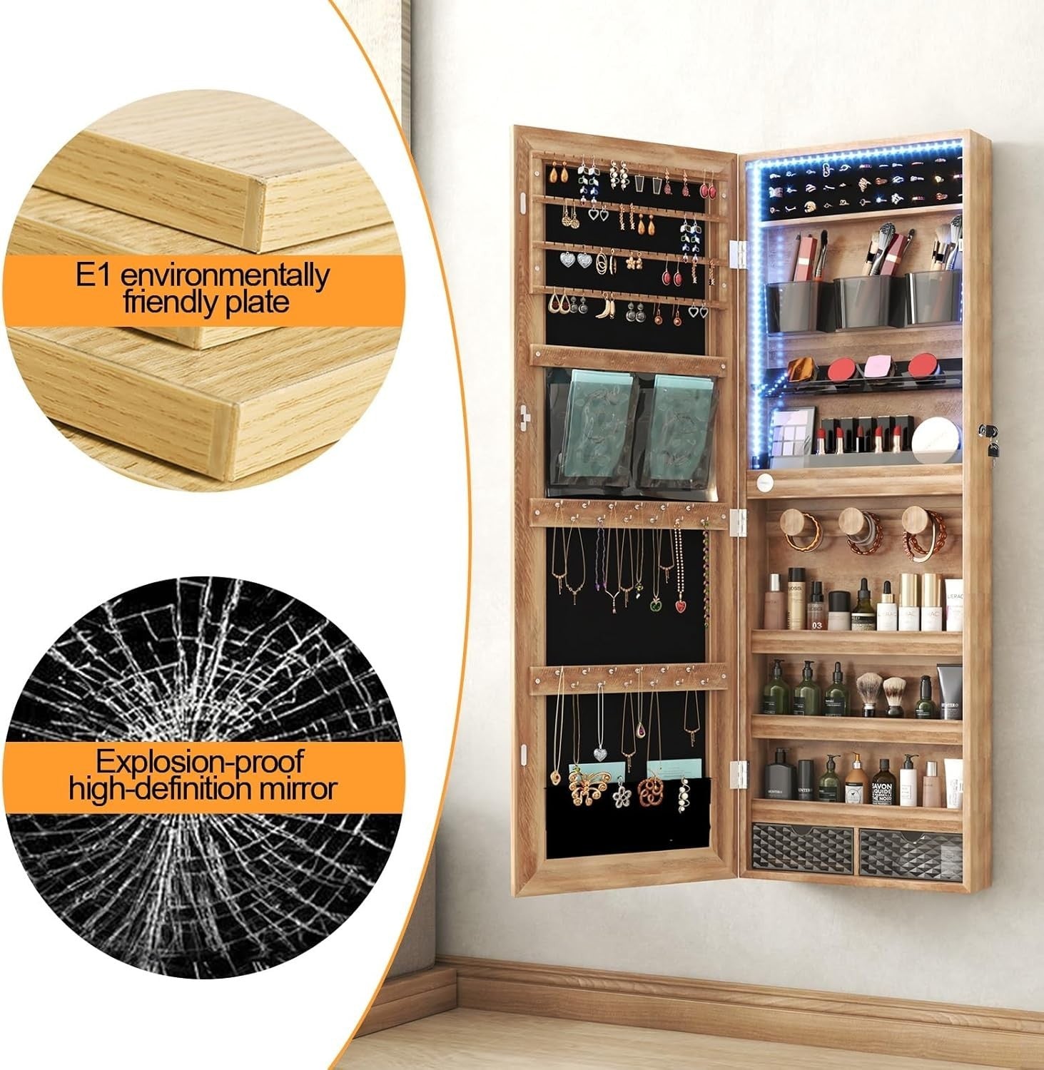 LED Full Length Jewelry Mirror Organizer Lockable Storage Armoire