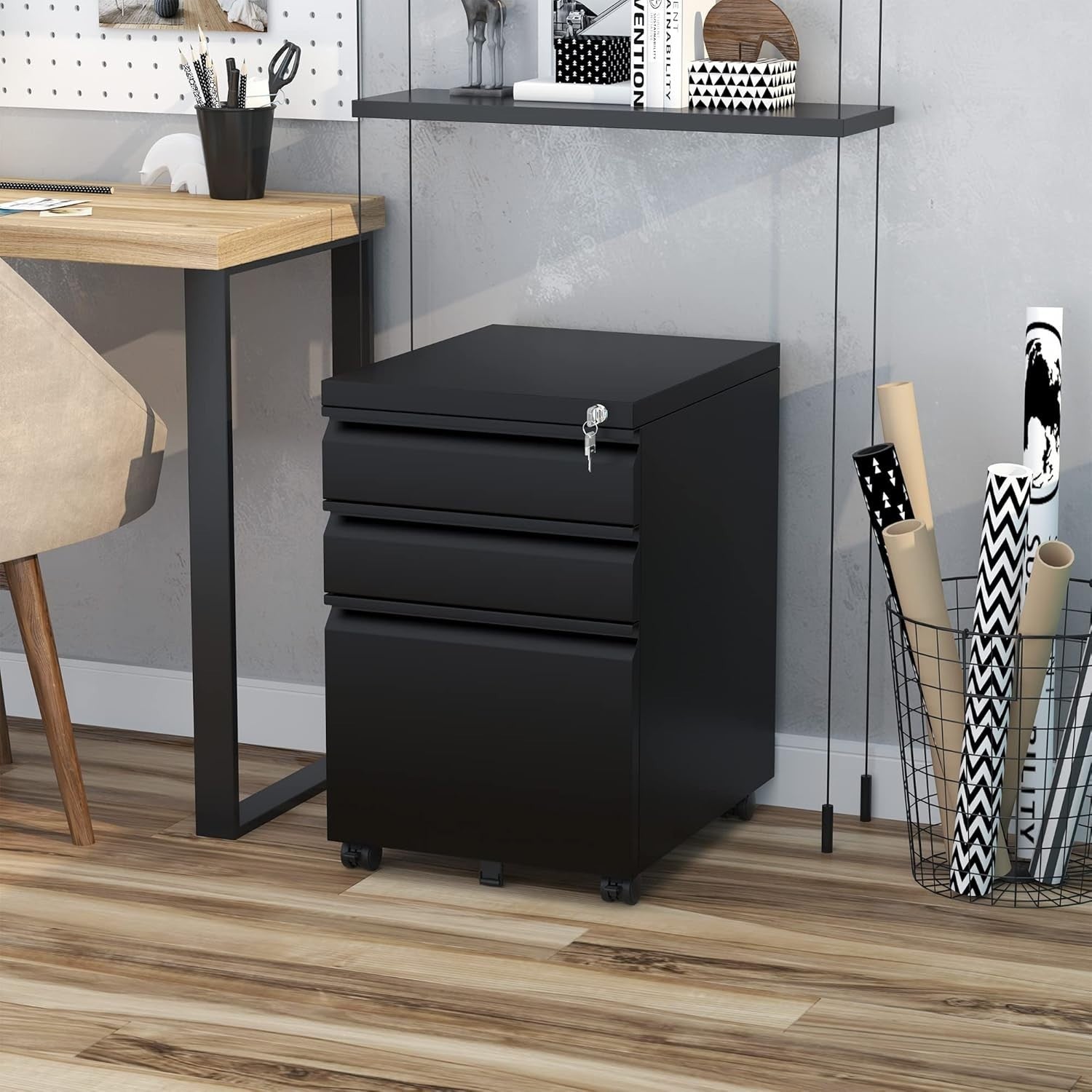 3 Drawer Mobile Filing Cabinet with Lock Under Desk Office Storage Black