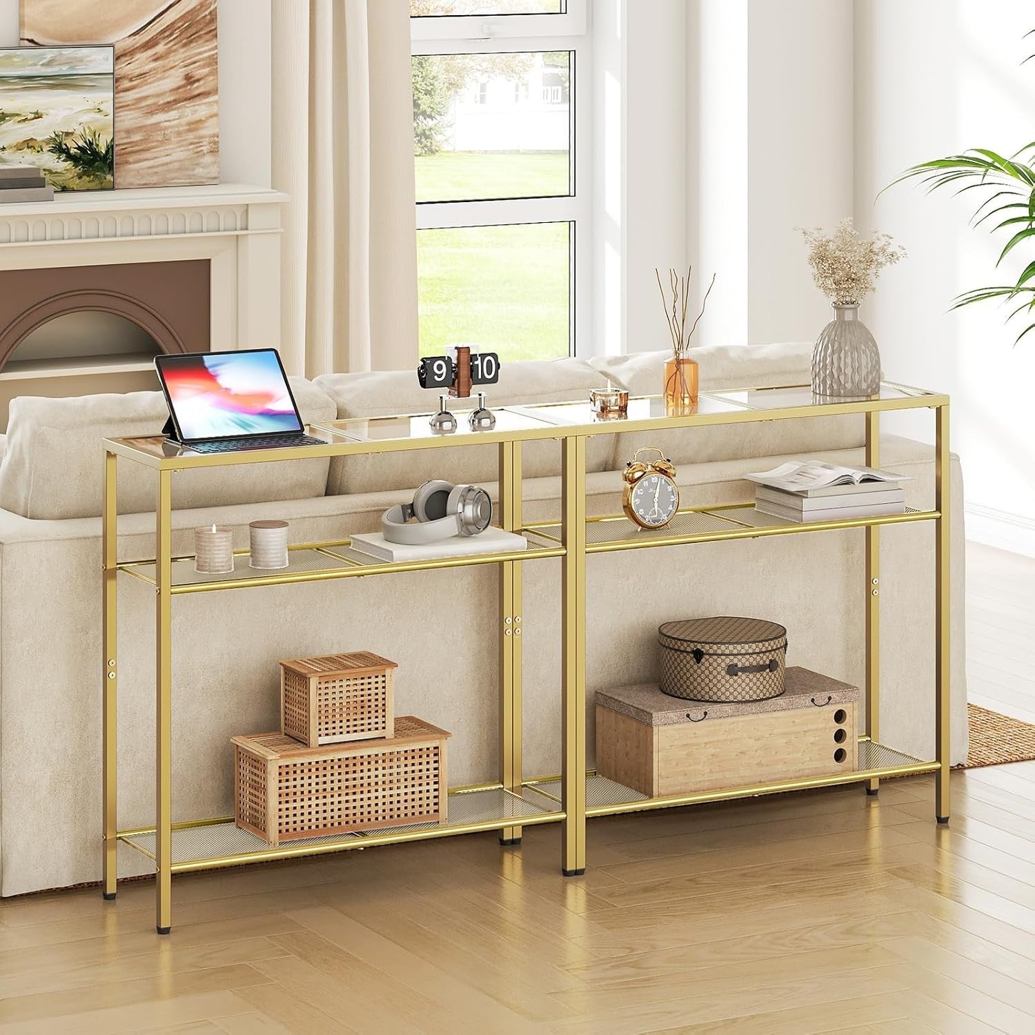 3-Tier Gold Console Table Tempered Glass Shelf Narrow Side Storage