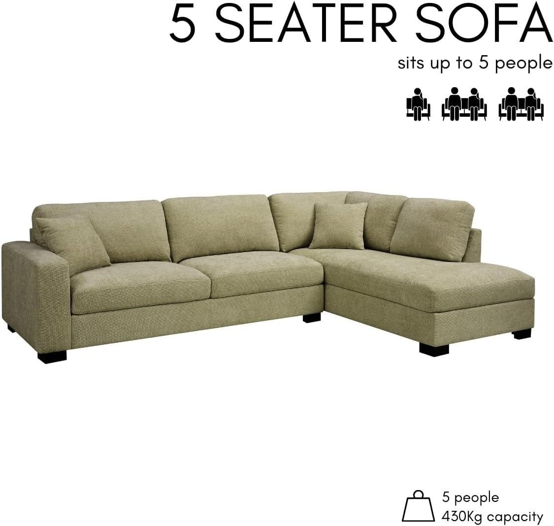 Sage Green Right Hand Corner Sofa – 5 Seater Chenille Couch w/ Footstool