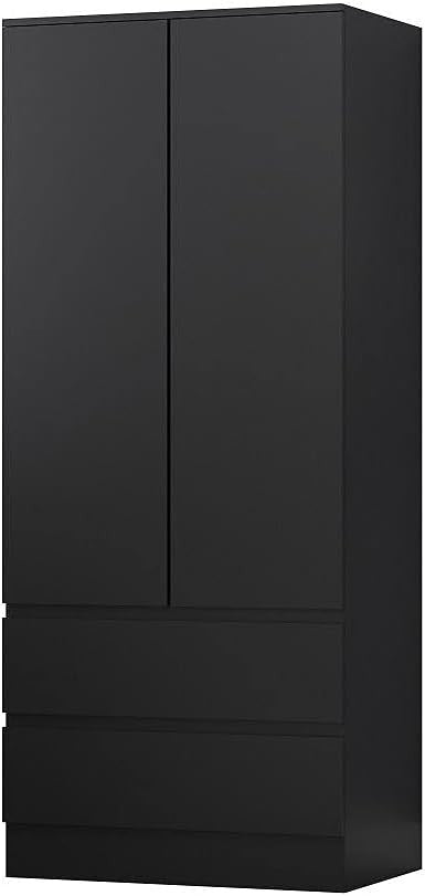 Matt Black 2-Door Wardrobe with 2 Drawers | Bedroom Storage & Clothes Organizer
