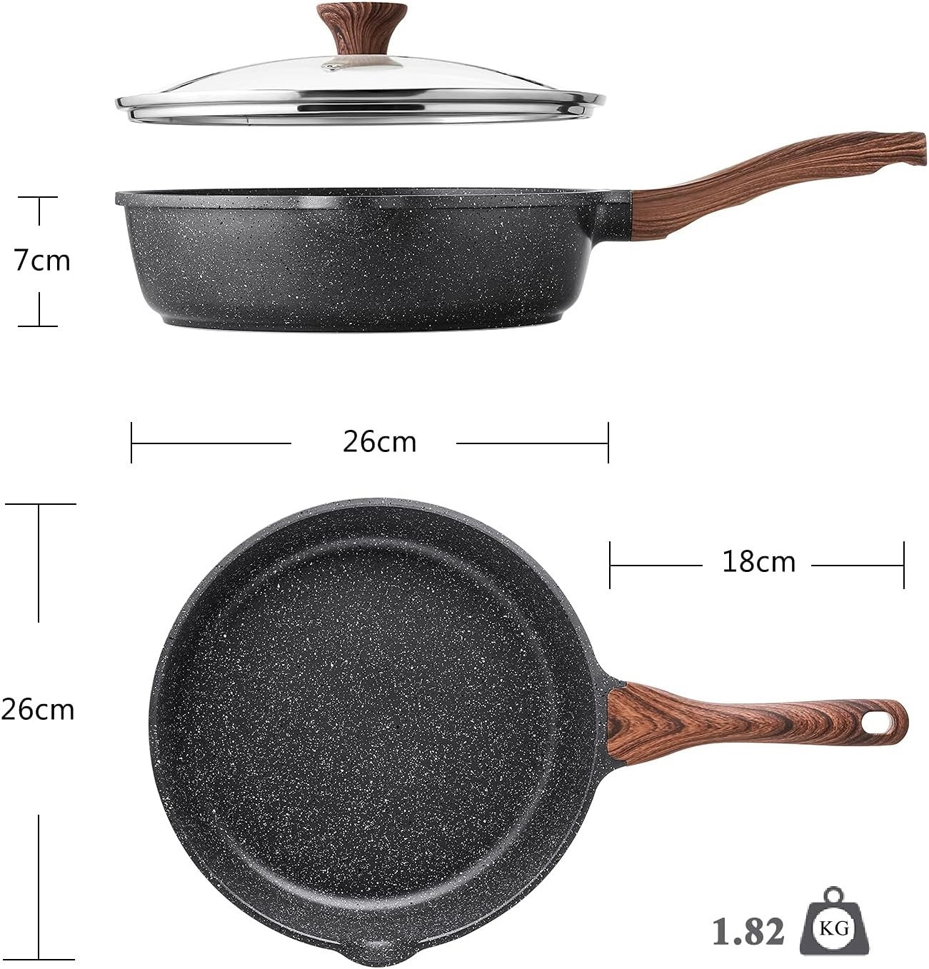 26cm Grey Deep Non stick Saute Pan with Lid 4L  Skillet Induction Compatible