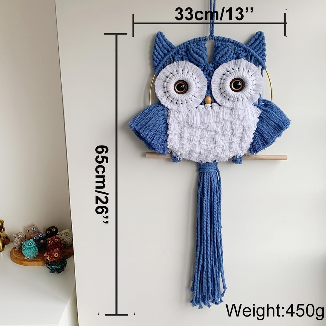 Hazy Blue Macrame Owl Wall Hanging Boho Fiber Art Decor