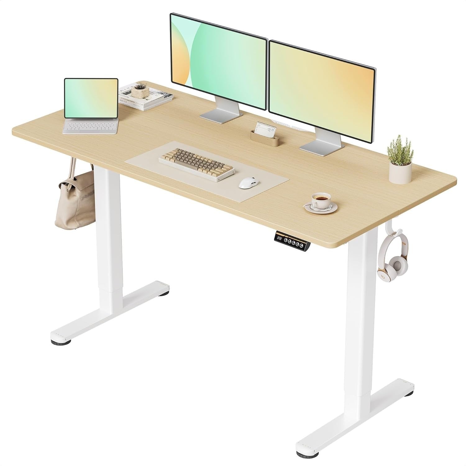 Beige Electric Standing Desk 140x60cm Adjustable Sit Stand Home Office Table