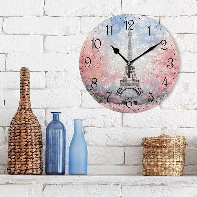Eiffel Tower Wall Clock 25cm Pink Blue Flower Art Silent Non-Ticking Home Decor