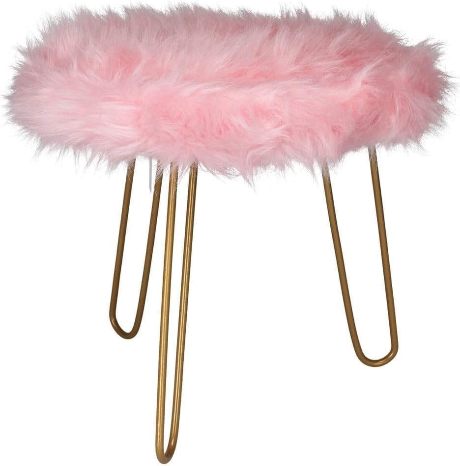 Pink Faux Fur Vanity Stool Round Gold Hairpin Legs Modern Accent Seat