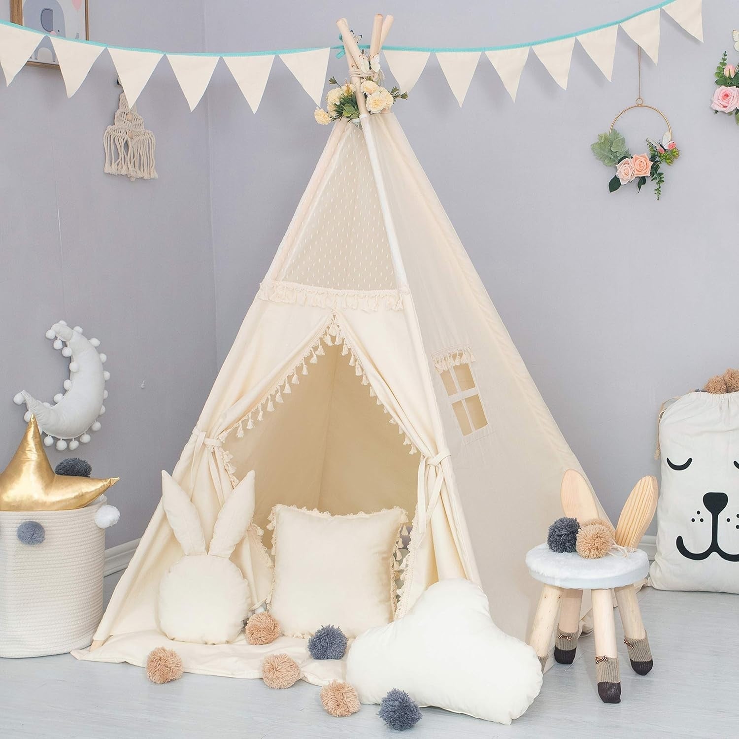 Kids Teepee Tent Cotton Canvas w Mat Banner Tassels Room Decor