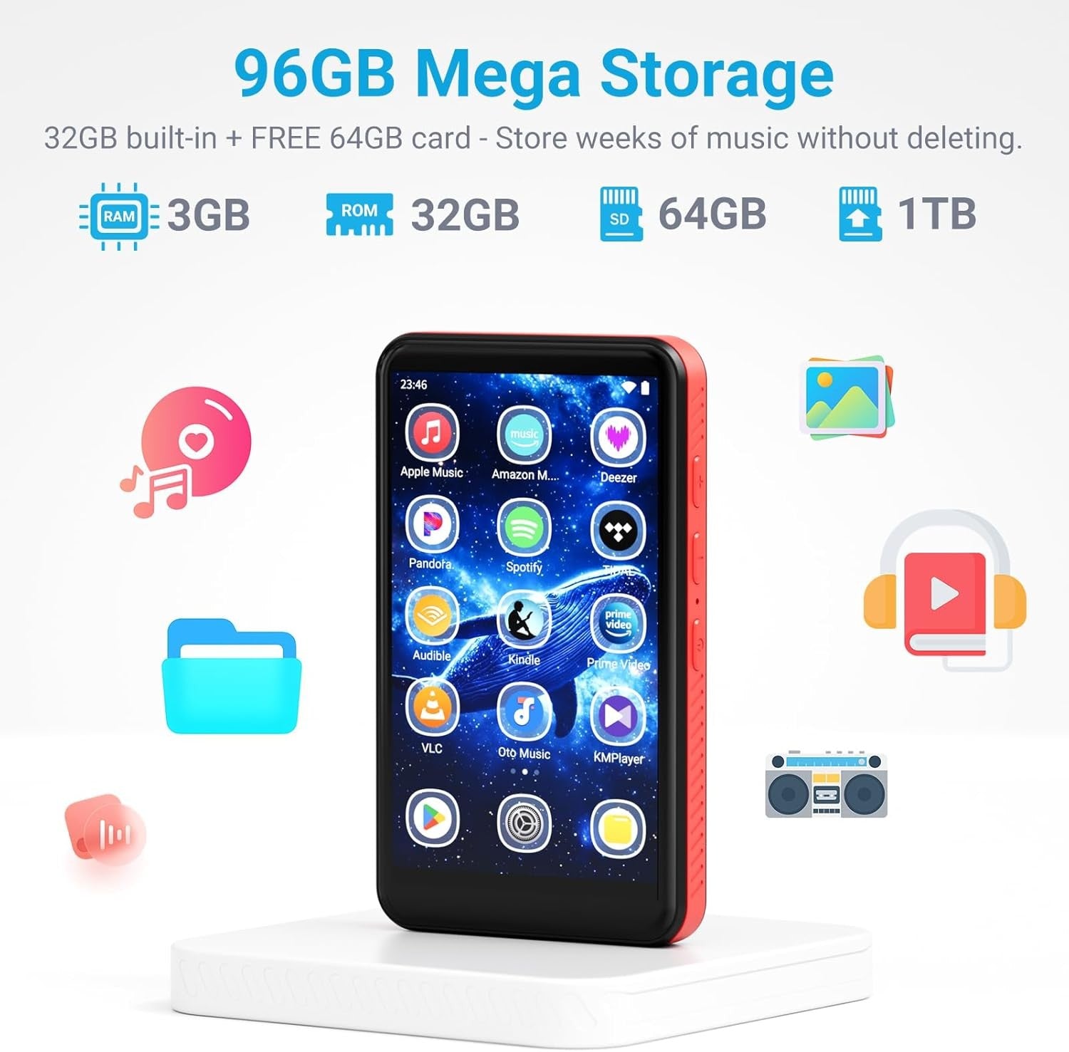 96GB MP3 MP4 Player Black Red 4" Touch Bluetooth WiFi Speaker