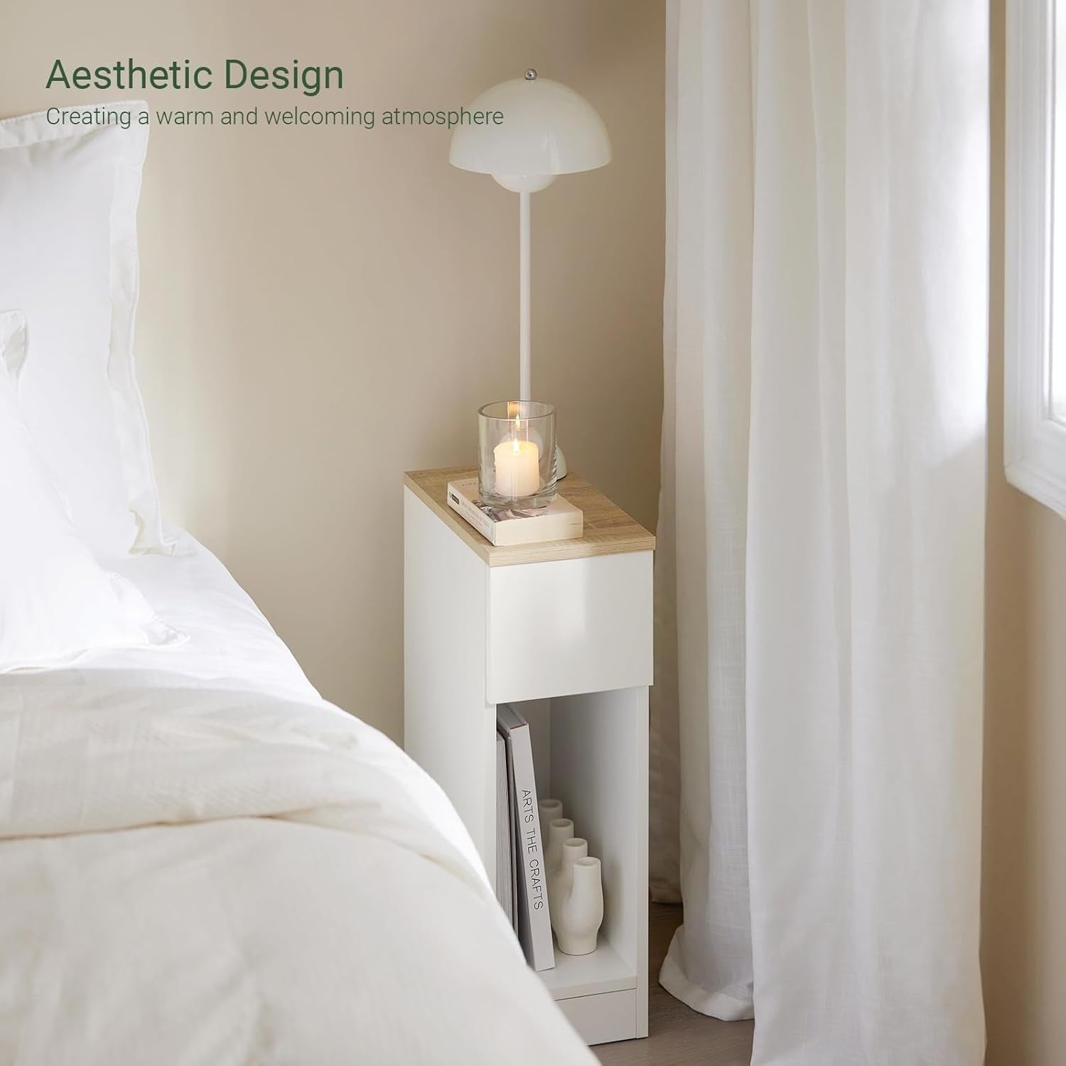 Set of 2 Slim White Bedside Tables with Drawer & Shelf | Narrow Modern