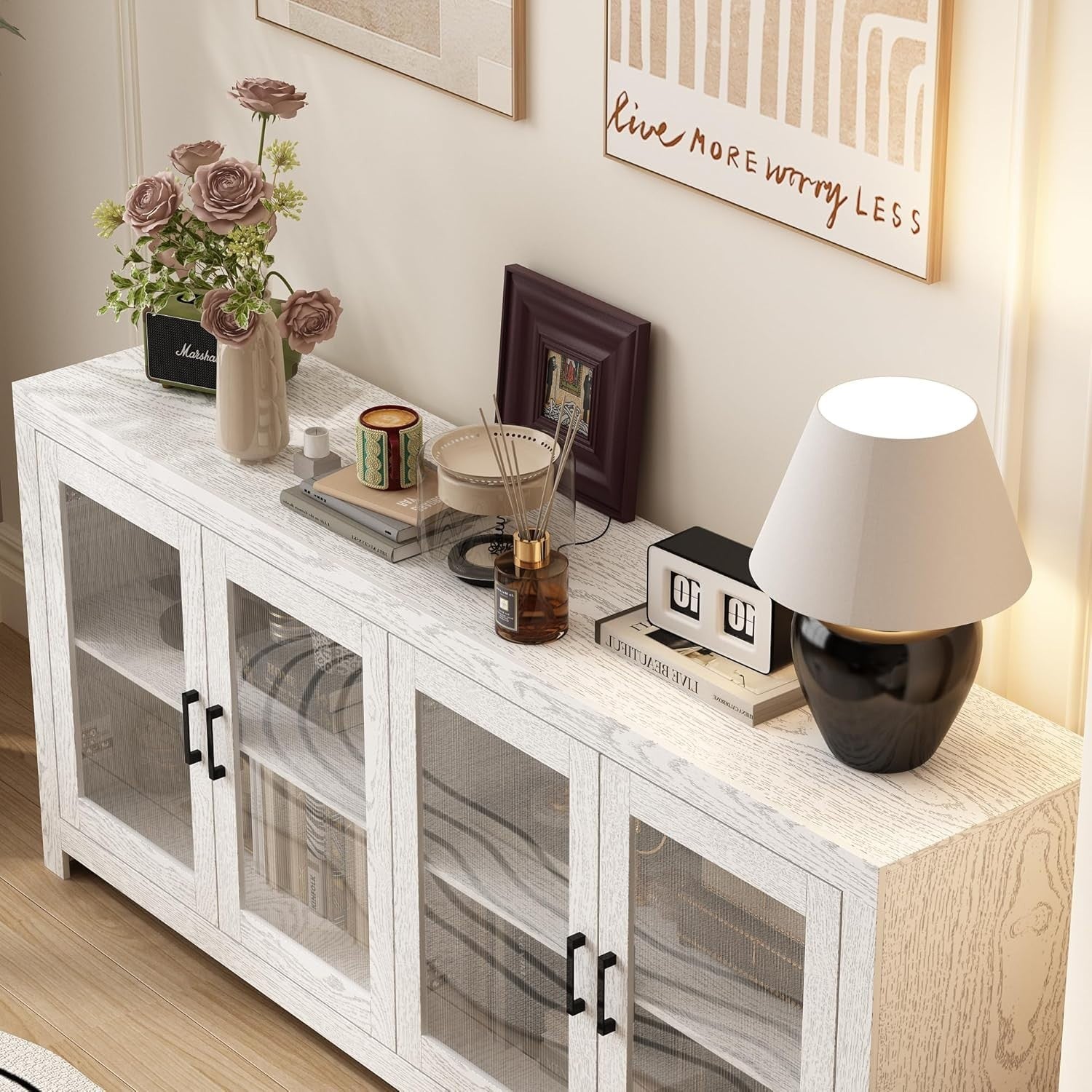 Modern White Sideboard Buffet Cabinet 4 Door Glass Storage Unit 180cm
