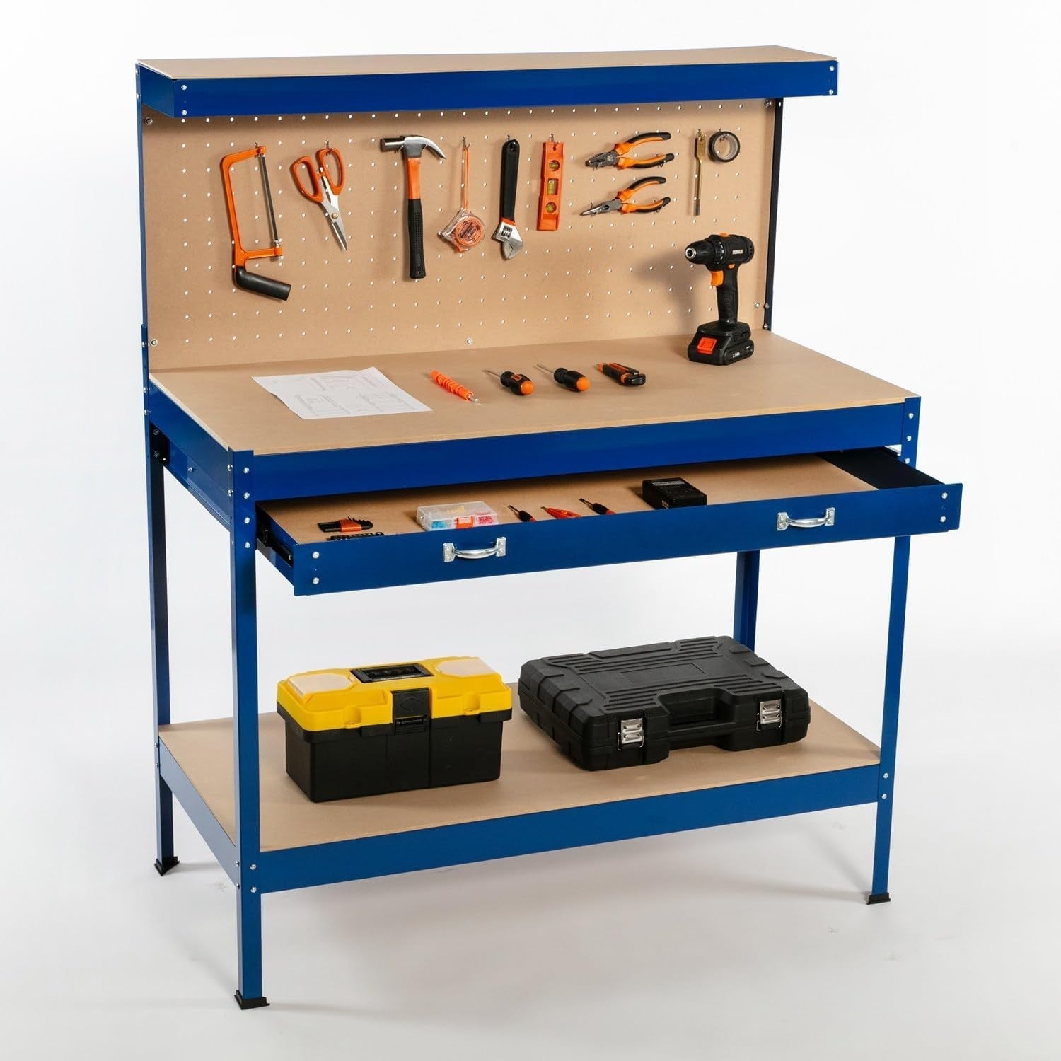 Blue Steel Garage Workbench Tool Station w/ Drawer Pegboard Shelf DIY Bench