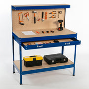 Blue Steel Garage Workbench Tool Station w/ Drawer Pegboard Shelf DIY Bench