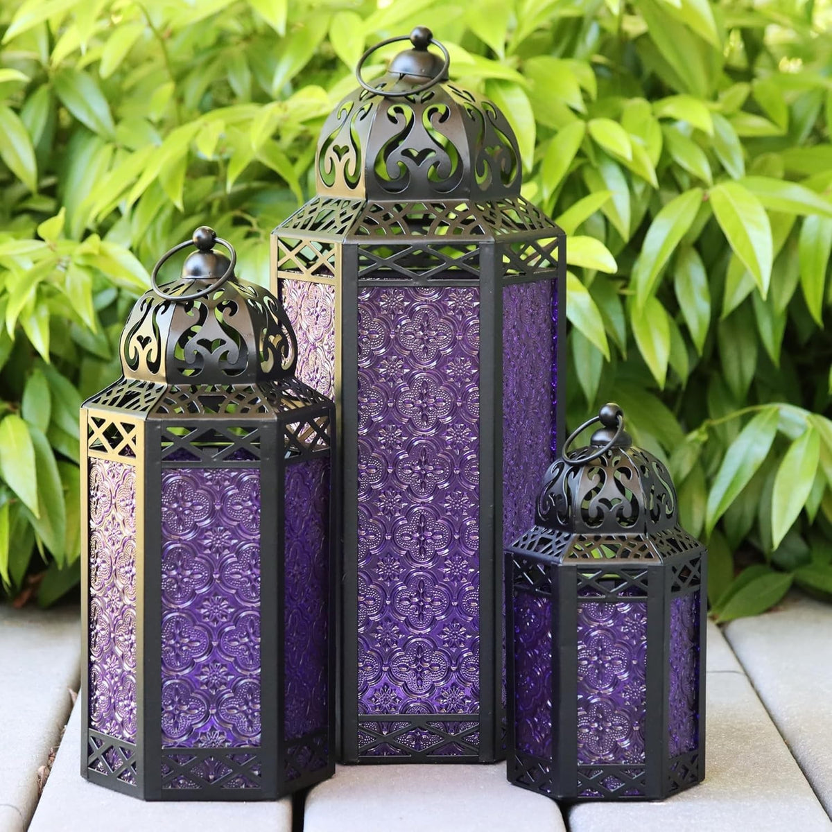 Set of 3 Purple Moroccan Candle Lanterns Home Decor