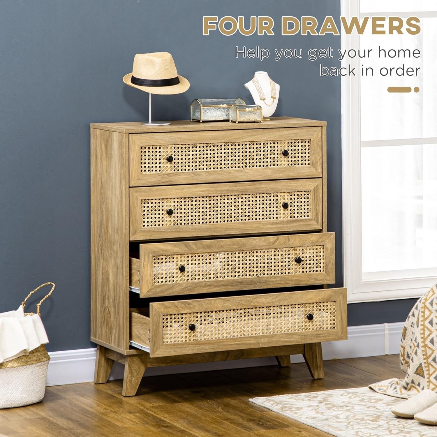 Rustic 4-Drawer Storage Chest with Rattan Panels Bedroom Organizer Unit