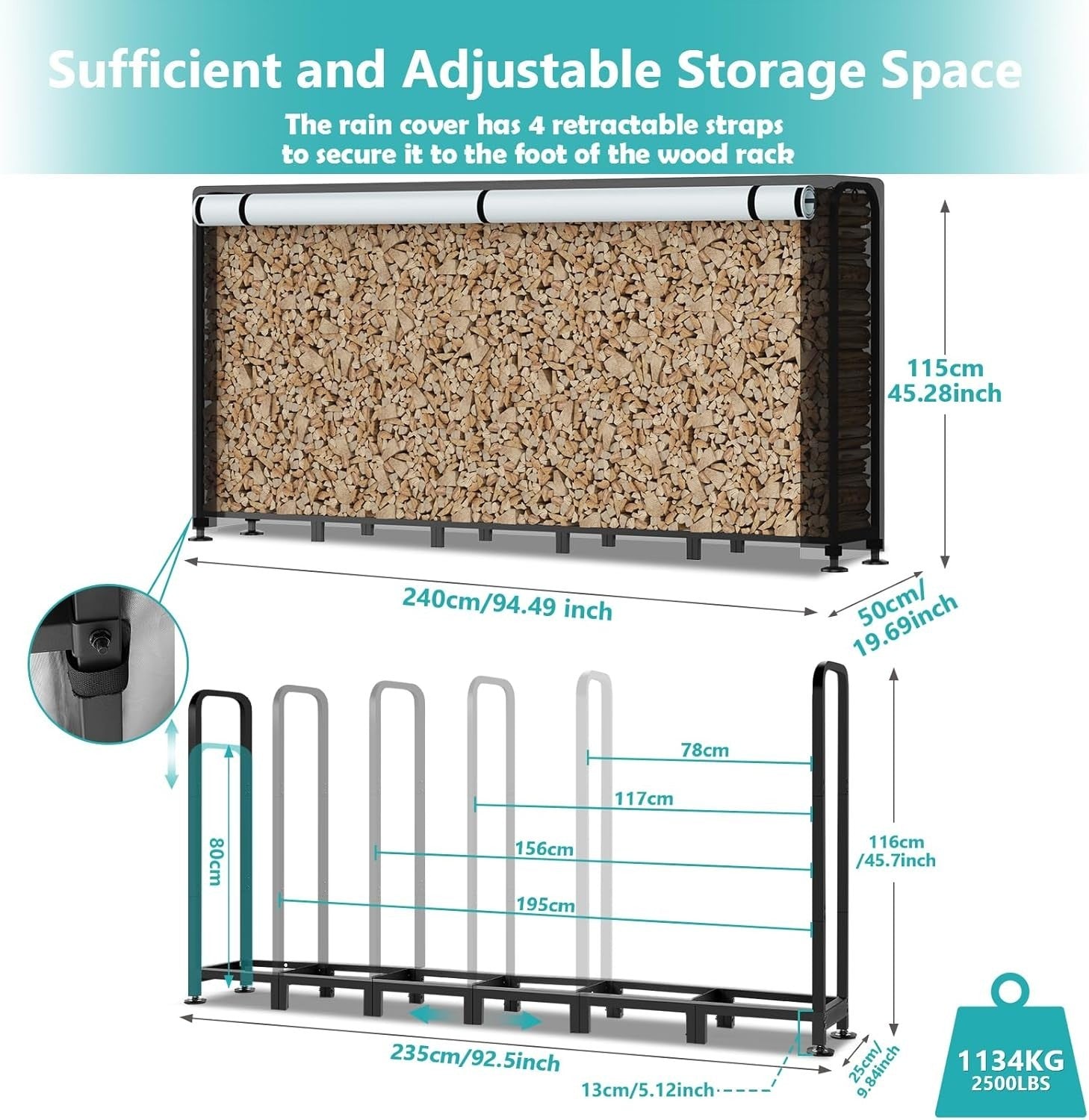 Heavy-Duty Outdoor Log Rack with Waterproof Cover, Expandable 235x25x116cm