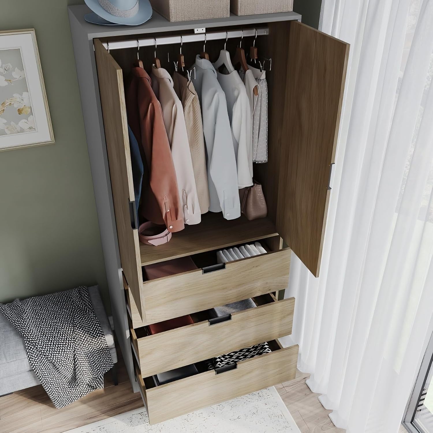Tall Grey 2 Door Wardrobe with Drawers & Rail for Modern Bedroom Storage