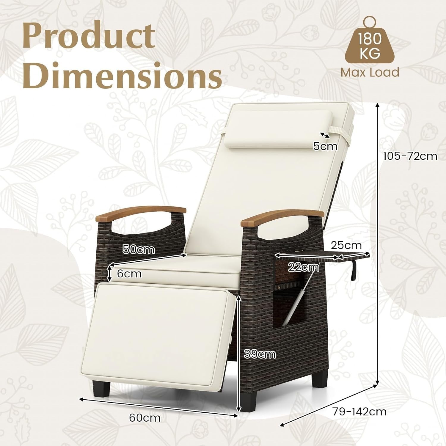 White Rattan Recliner Chair Adjustable Sun Lounger with Footrest & Side Table