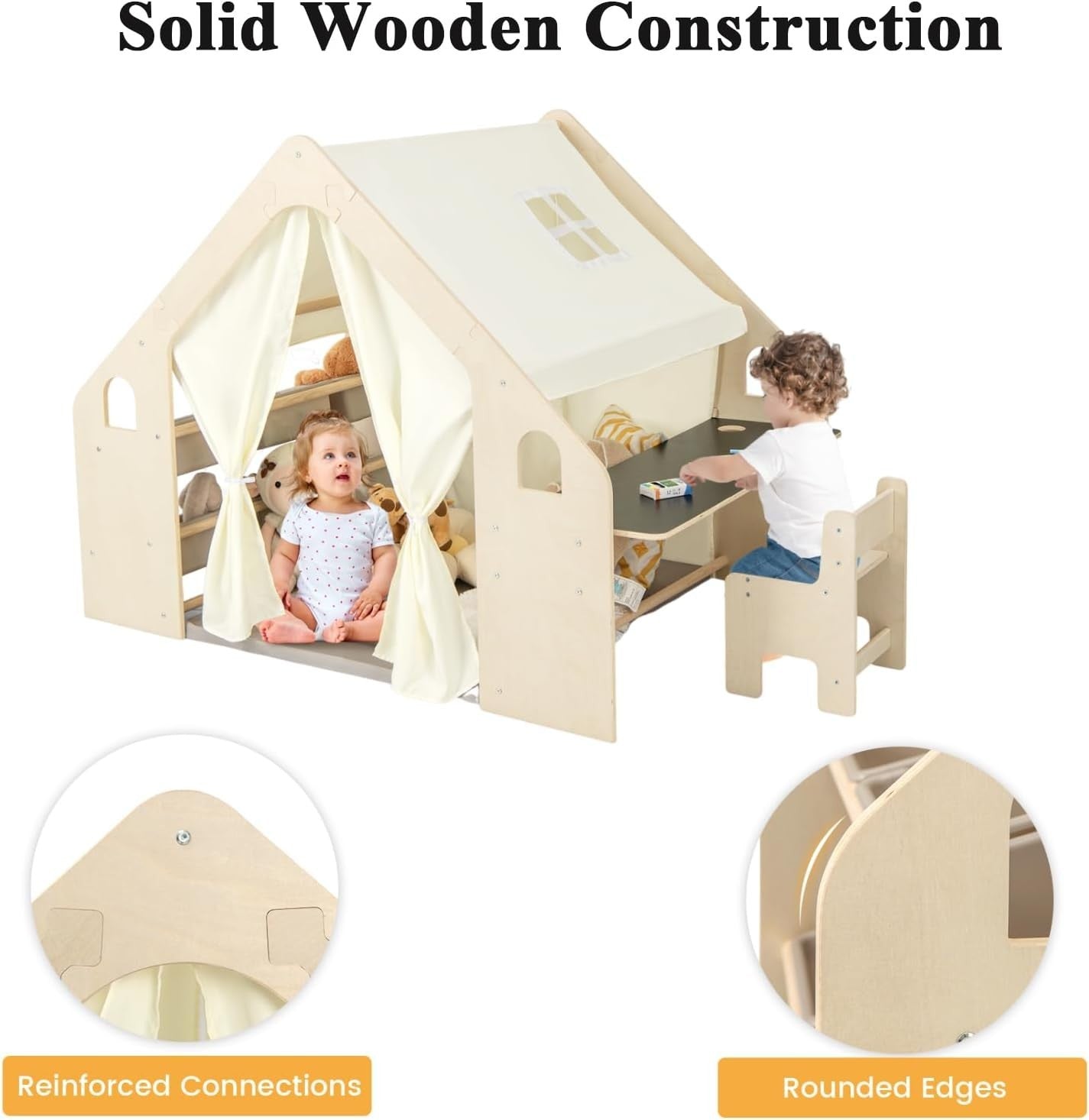 6 in 1 Kids Wooden Play Tent w Desk Chair Mat Blackboard Storage