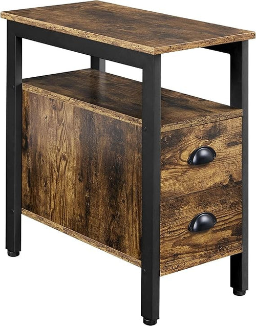 Rustic Brown Slim Bedside Table with 2 Drawers & Shelf | Industrial Side Unit