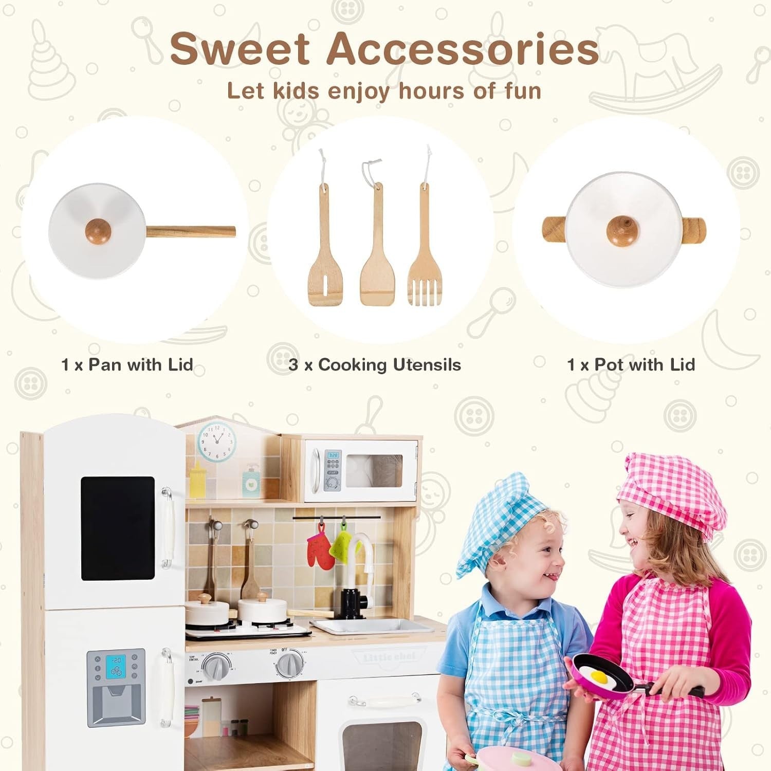 Wooden Kids Play Kitchen Lights Sounds Ice Maker Water Dispenser Set
