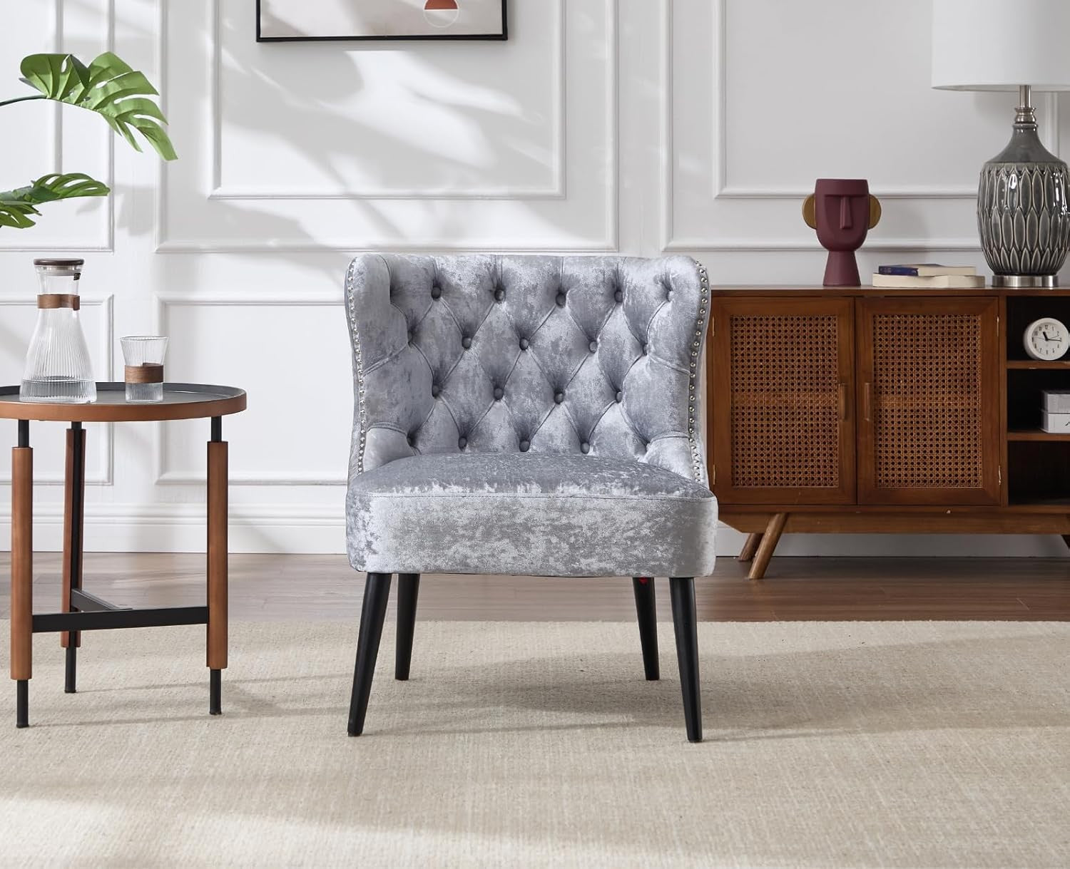Velvet Accent Chair Grey Upholstered Lounge Chair Wood Legs