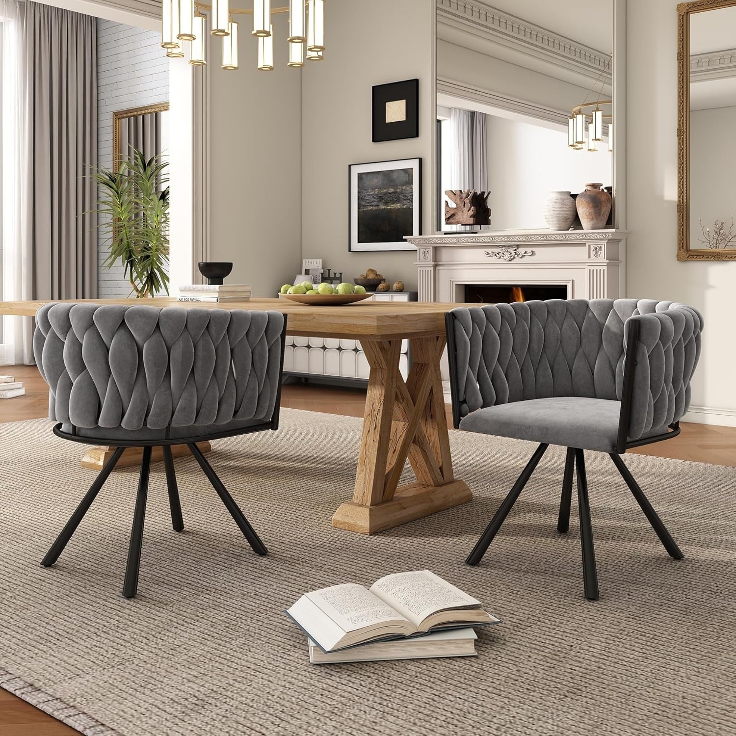 Grey Velvet Swivel Dining Chair 360° Luxury Kitchen Accent Seat