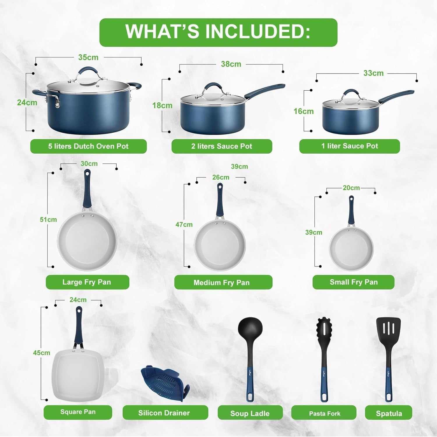 14pcs Blue Ceramic Stackable Non Stick Cookware Set Induction Safe Pots and Pans
