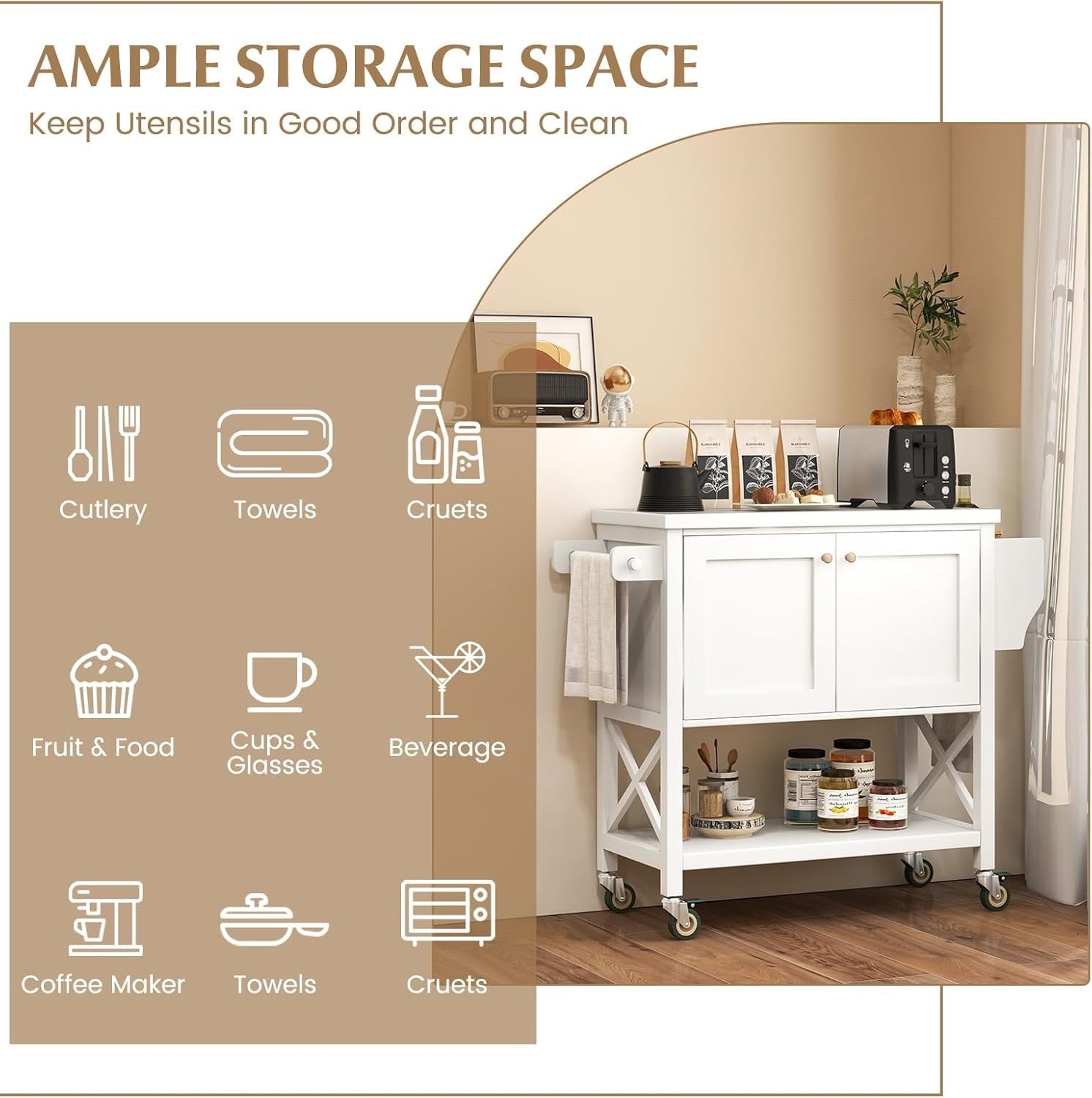 103cm Kitchen Island Cart 2 Door Cabinet Wheels