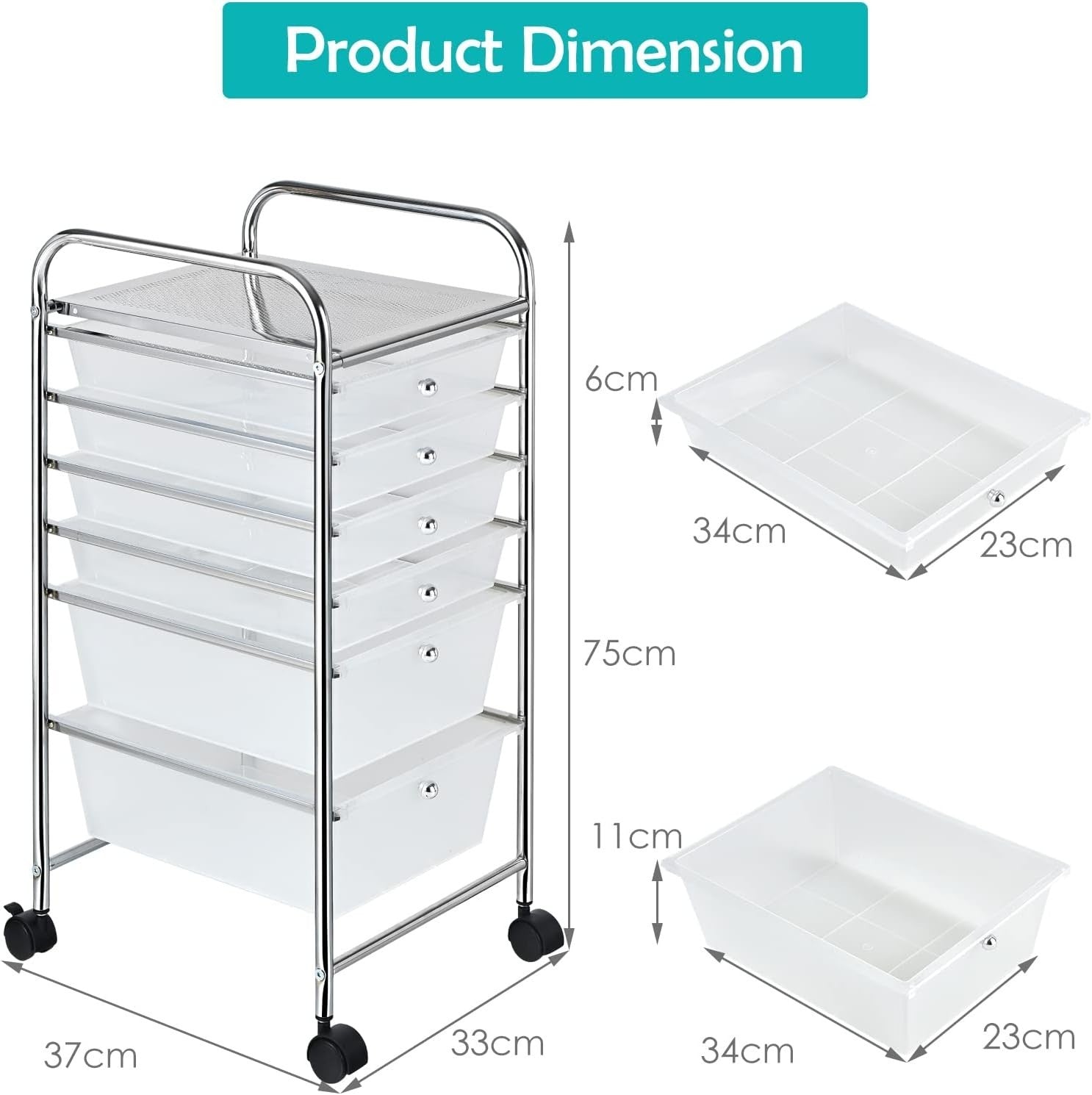 6 Drawer Rolling Storage Trolley Clear Utility Organizer Cart Wheels