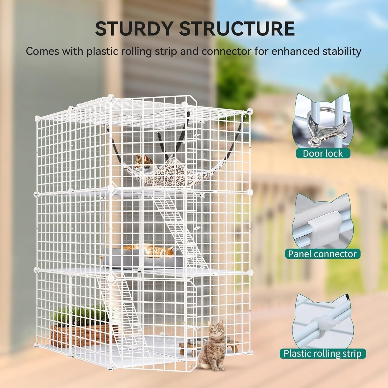 3-Tier Indoor Cat Cage Playpen with Large Hammock, Ladder & Doors, 72x72x107cm