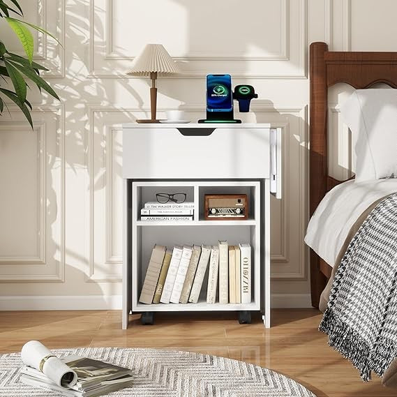 Smart LED Bedside Table with Charging Ports, Drawer & Rolling Storage Seat