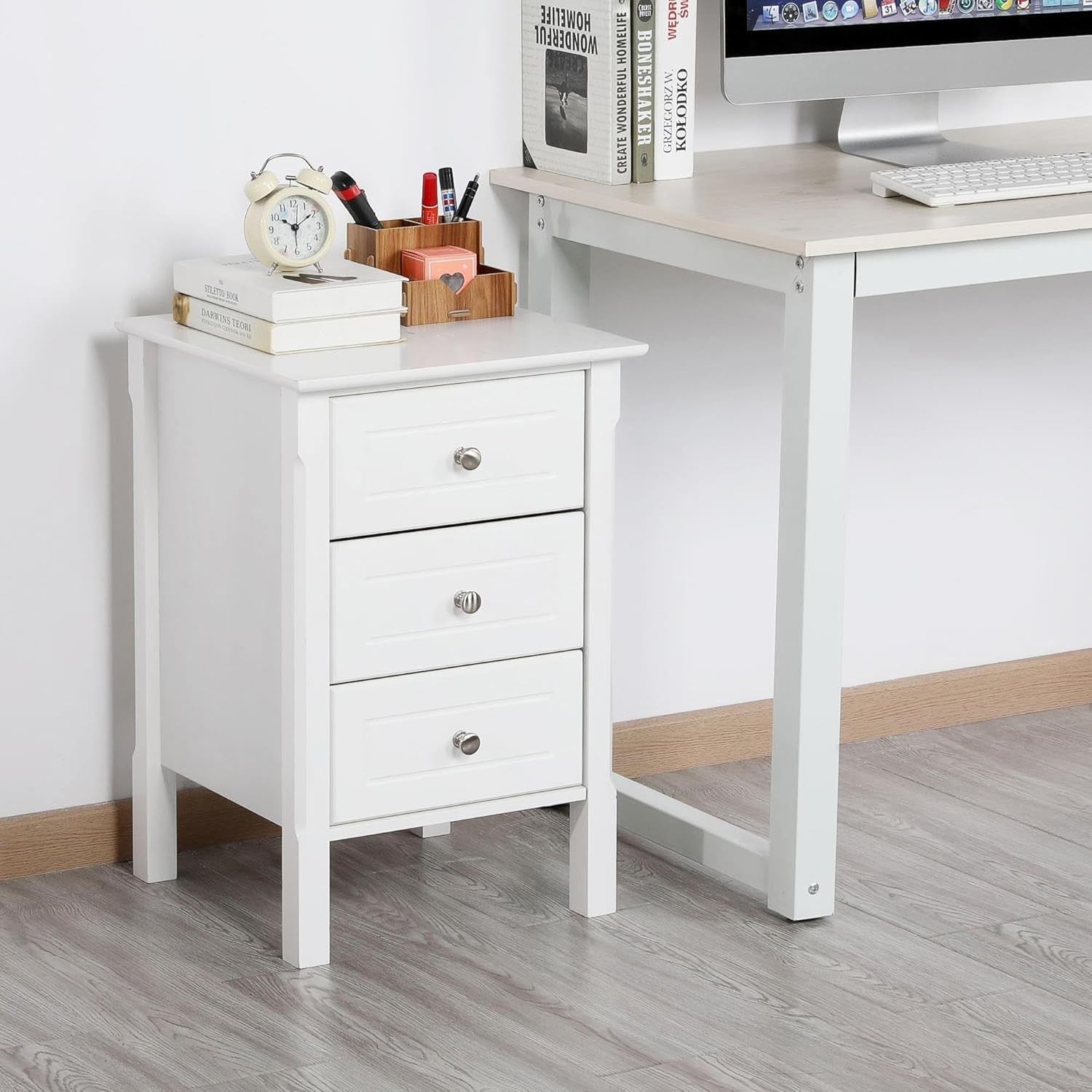 White Bedside Tables Set of 2 with 3 Drawers | Solid Wood Legs