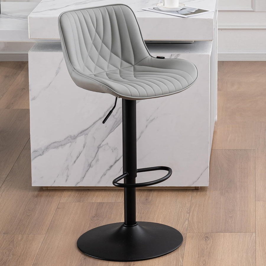 Grey Bar Stool PU Leather Swivel Height Adjustable Kitchen Chair