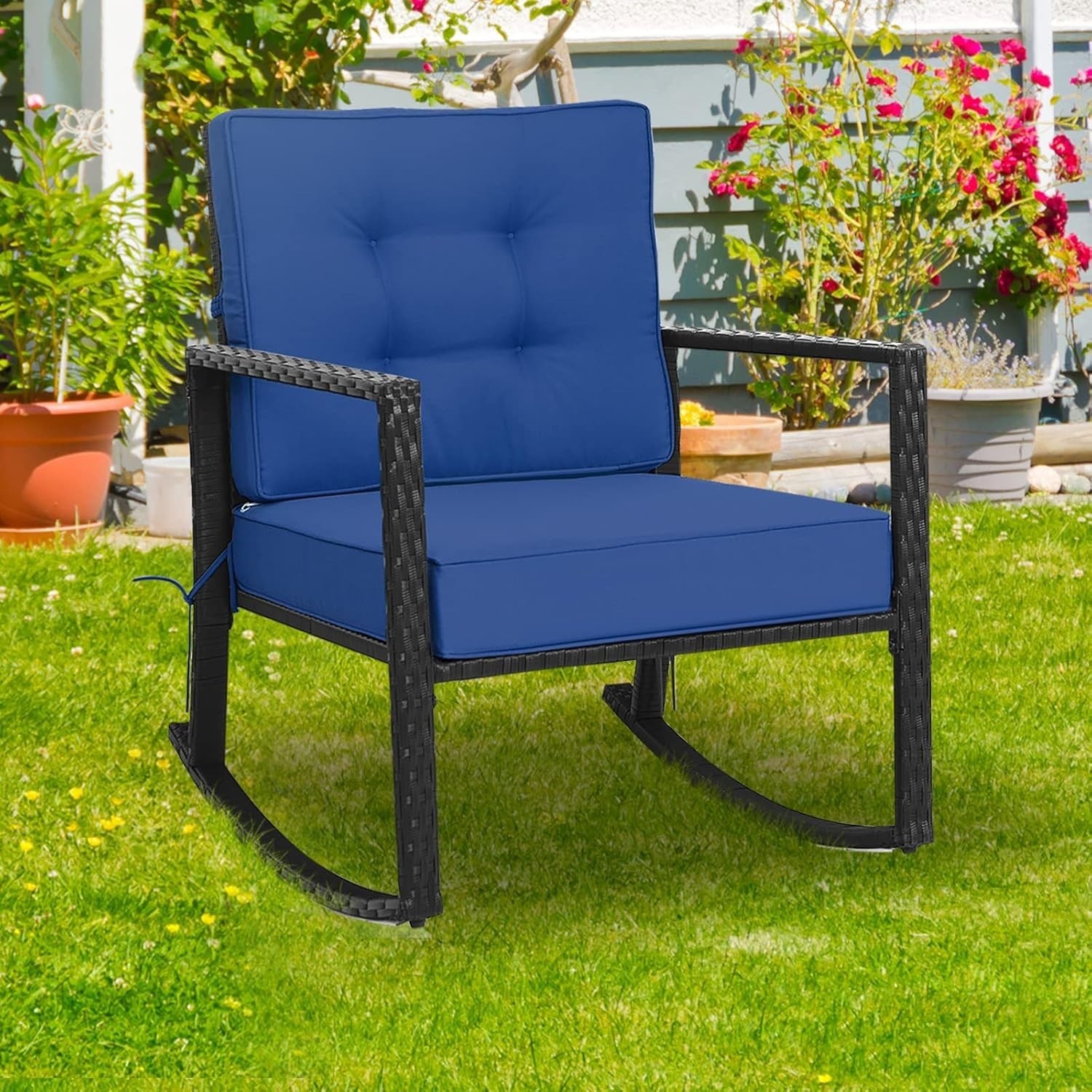 Navy Rattan Outdoor Rocking Chair with Cushions & Armrests Patio Glider