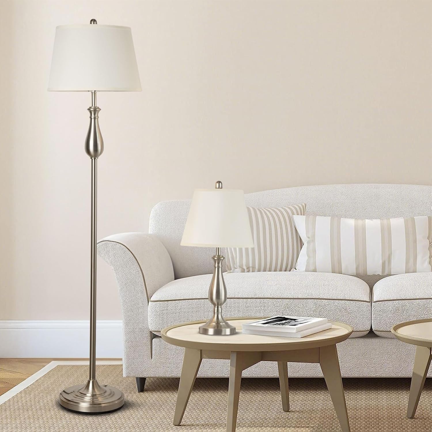 3-Piece Floor & Table Lamp Set with Soft Linen Shades, Silver, 51x25x51cm