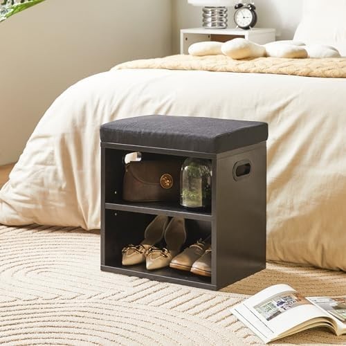 Black 2 Tier Shoe Bench with Cushion Adjustable Storage Rack for Entryway