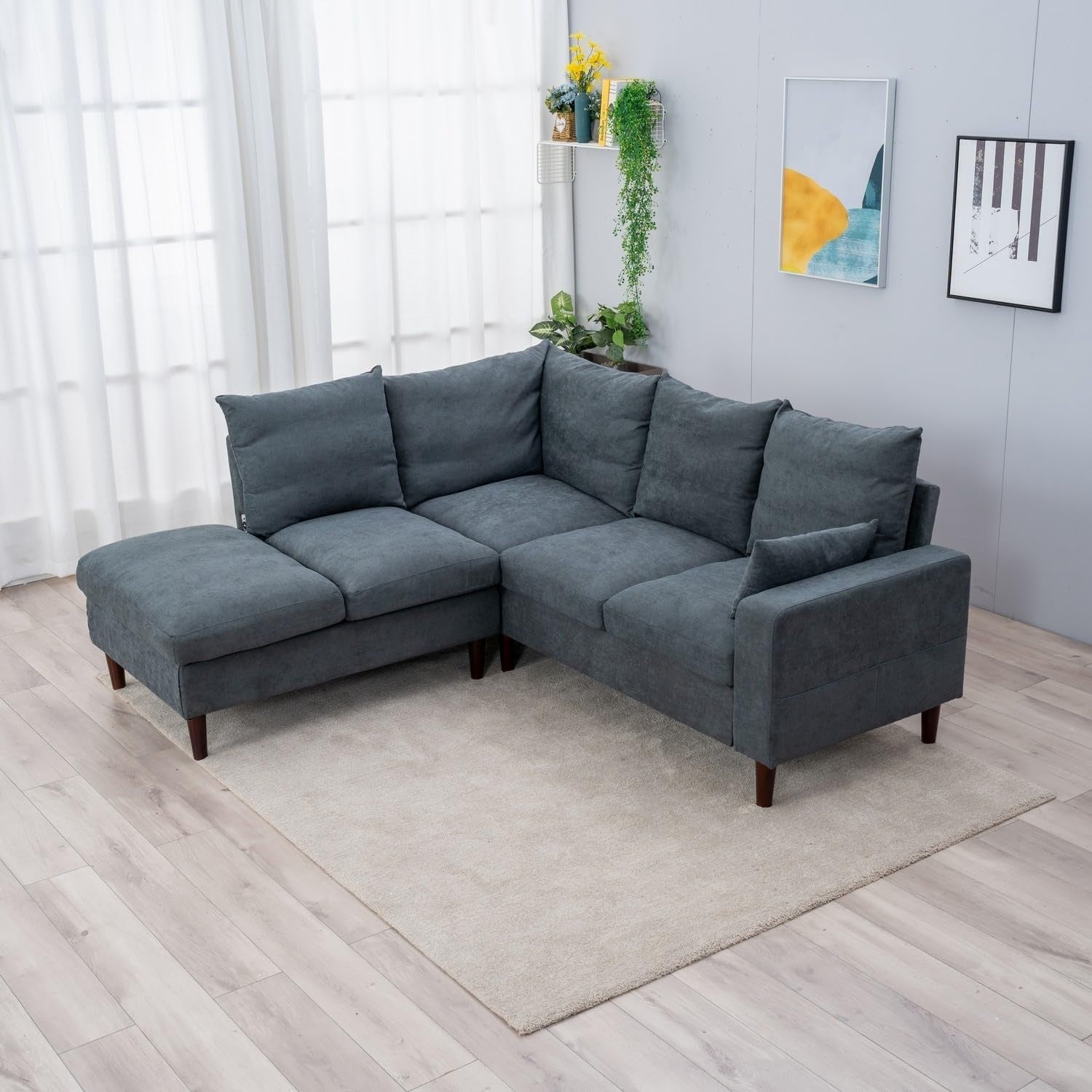 5 Seater Grey Linen Corner Sofa with USB Port Chaise L-Shape Wood Legs
