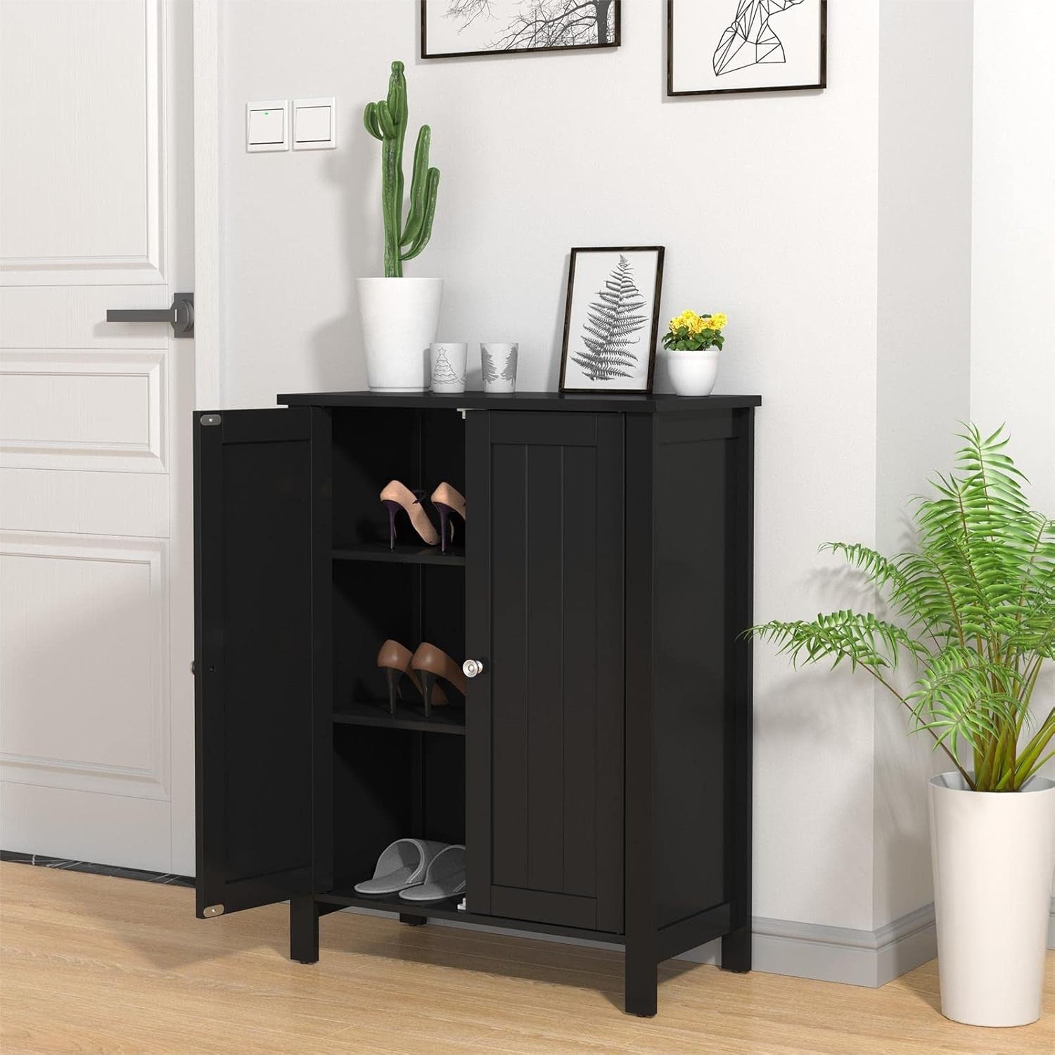 Adjustable Bathroom Floor Cabinet 3-Shelf Storage Organizer 60x30x80cm Black