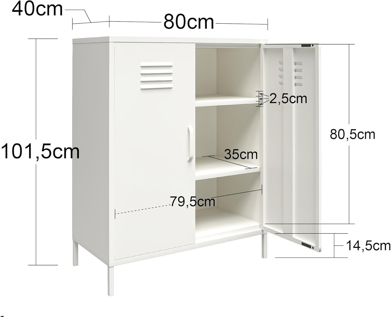 Metal Storage Cabinet 2 Doors 3 Shelves Scratch Resistant 80x40x102cm
