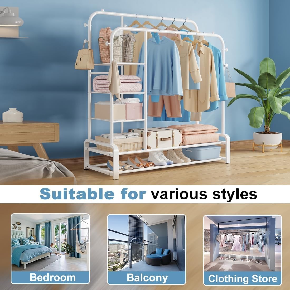 Heavy Duty Clothes Rail with Shelves & Hooks – White 110×145cm